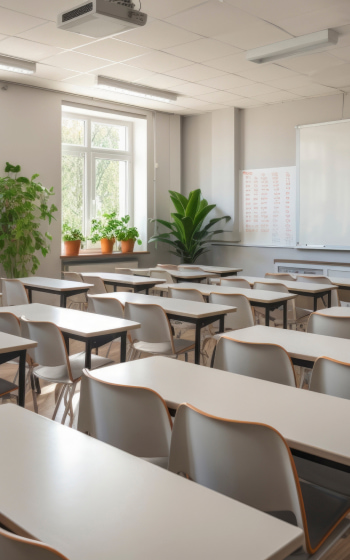 Sala lekcyjna Sala lekcyjna - Jasna sala lekcyjna z rzędami krzeseł i zielonymi roślinami