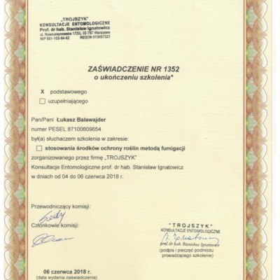 Zaświadczenie o ukończeniu szkolenia w zakresie środków ochrony roślin metodą fumigacji
