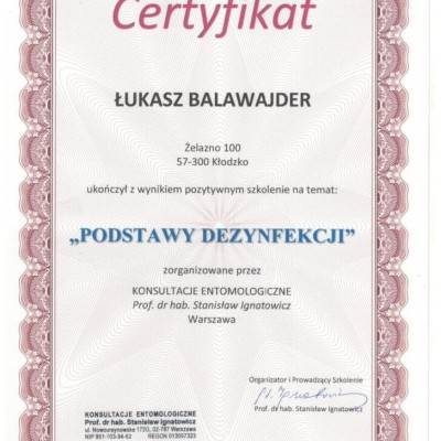 Certyfikat pozytywnego ukończenia szkolenia na temat podstaw dezynfekcji