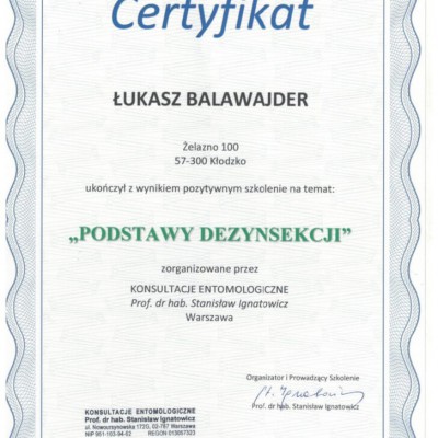 Certyfikat pozytywnego ukończenia szkolenia na temat podstaw dezynsekcji