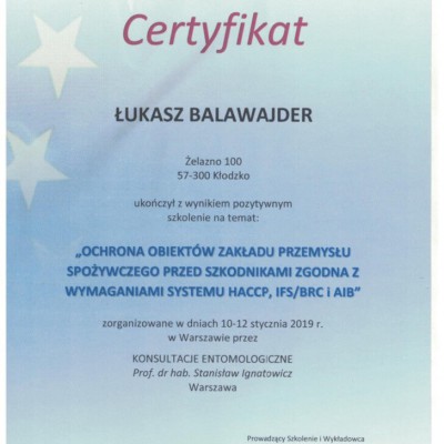 Certyfikat pozytywnego ukończenia szkolenia na temat ochrony obiektów zakładu przemysłu spożywczego przed szkodnikami
