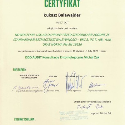 Certyfikat odbycia szkolenia ,,Nowoczesne usługi ochrony przed szkodnikami zgodne ze standardami bezpieczeństwa żywności - BRC 8, IFS 7, AIB, YUM oraz normą PN-EN 16636