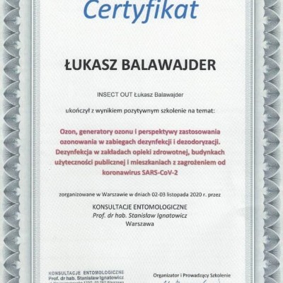 Certyfikat ukończenia szkolenia na temat ,,Ozon, generatory ozonu i perspektywy zastosowania ozonowania w zabiegach dezynfekcji i dezodoryzacji. Dezynfekcja w zakładach opieki zdrowotnej, budynkach użyteczności publicznej i mieszkaniach z [...]