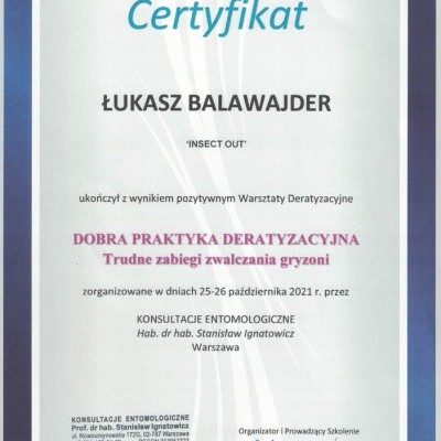 Potwierdzenie pozytywnego ukończenia Warsztatów Deratyzacyjnych “Dobra praktyka deratyzacyjna: trudne zabiegi zwalczania gryzoni”