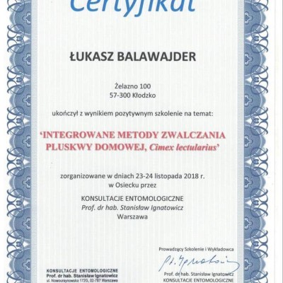 Certyfikat potwierdzający pozytywne ukończenie szkolenia “Integrowane metody zwalczania pluskwy domowej, Cimex lectularius”