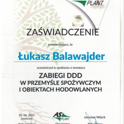 Zaświadczenie potwierdzające udział w spotkaniu “Zabiegi DDD w przemyśle spożywczym i obiektach handlowych”